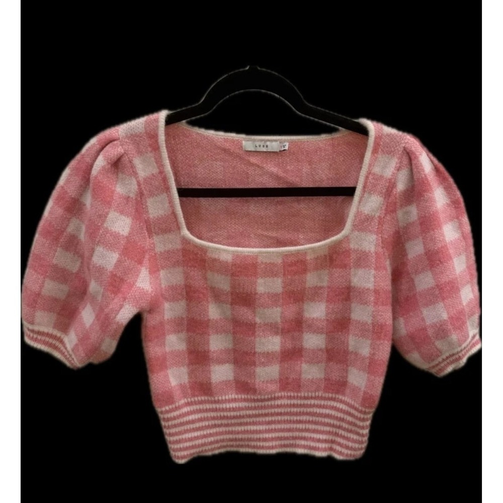 Lush Pink/White Gingham Knit Square Neck Puff Short Sleeve S Preppy Cottagecore